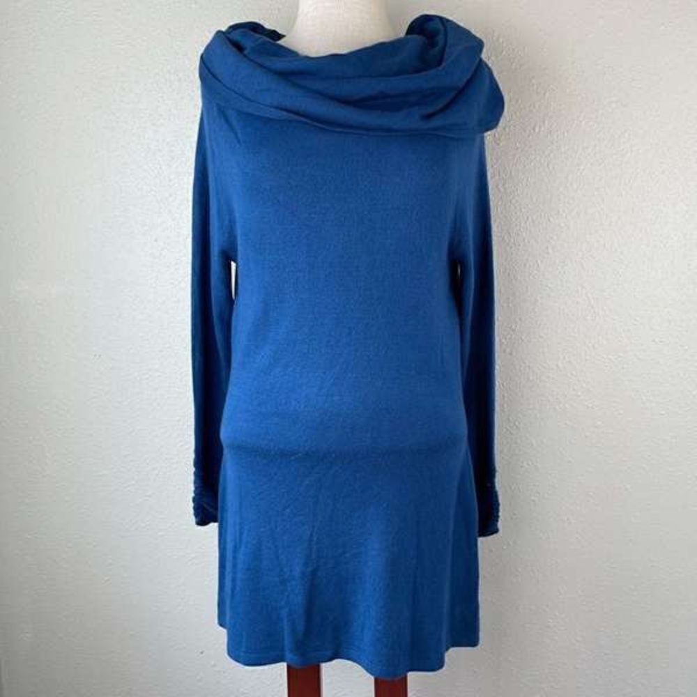 Blue Women's Cowl Neck Sweater Dress - Soft Long Sleeve